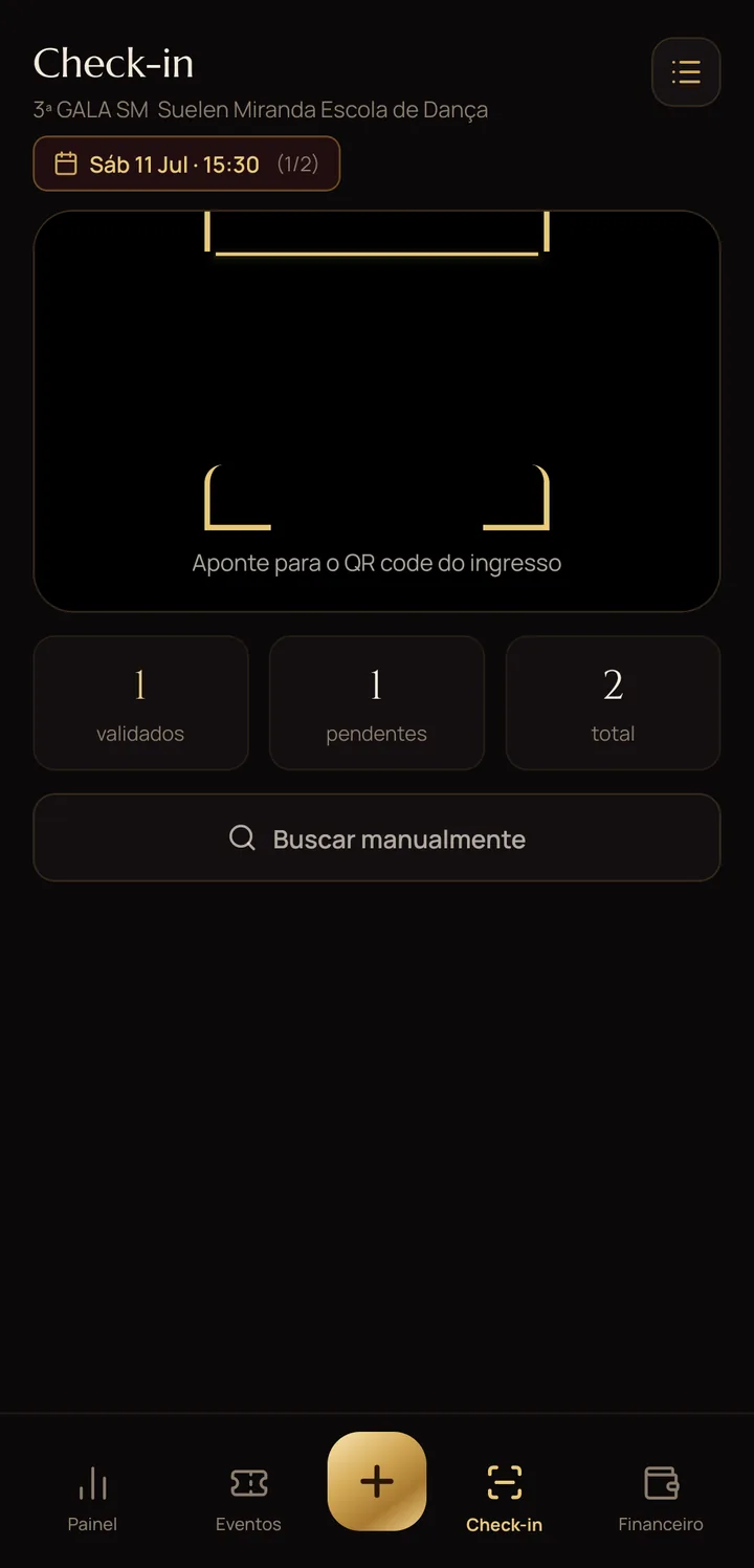 Tela de check-in com leitor de QR code e contadores da sessão