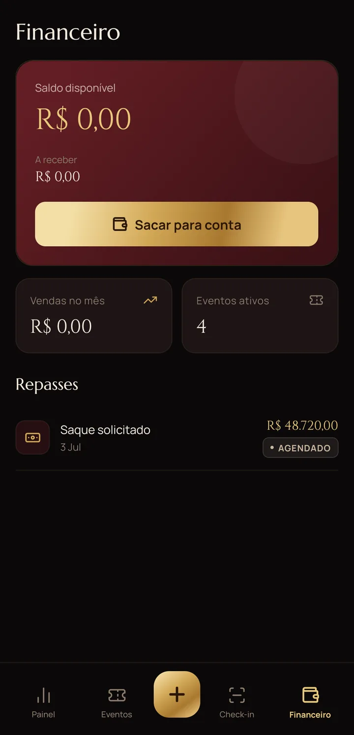 Tela financeira do organizador, com saldo disponível e repasses