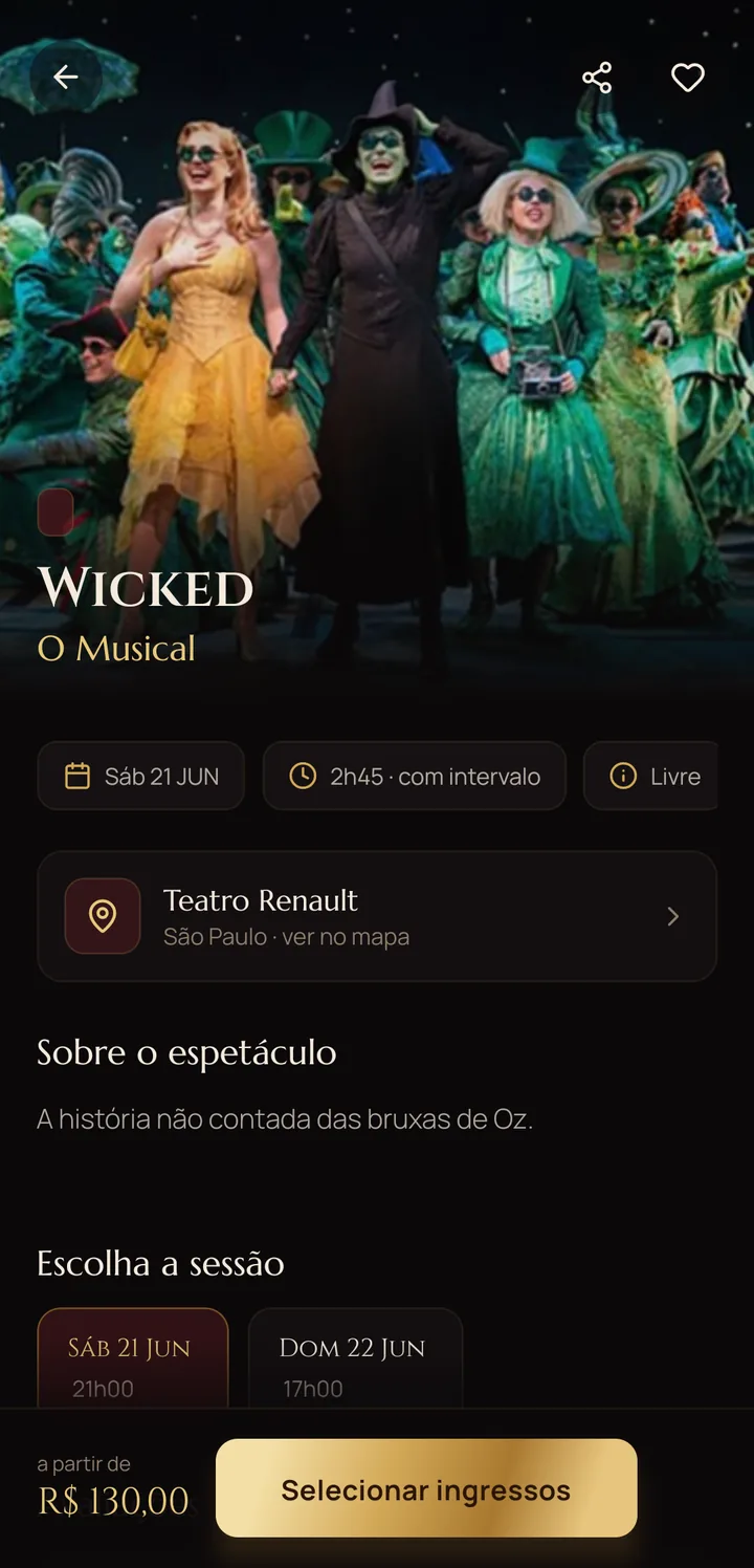 Tela de um espetáculo no app do público, com pôster, sessões e preço