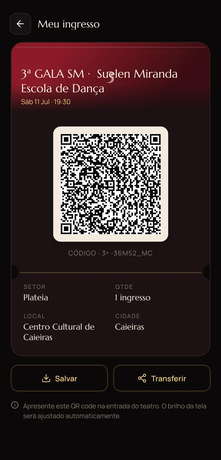 Ingresso digital com QR code, setor, local e cidade